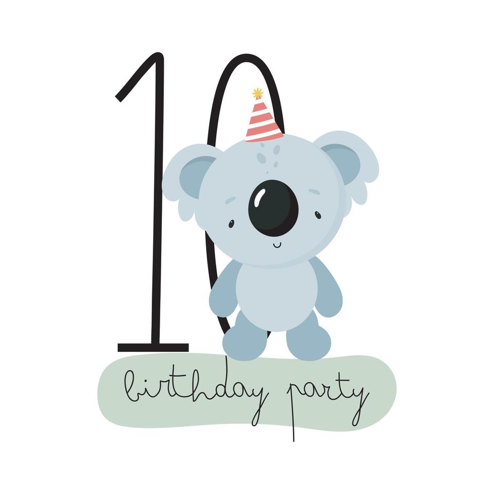 fiesta de cumpleaños, tarjeta de felicitación, invitación de fiesta. ilustración infantil con lindo koala y el número diez. ilustración vectorial en estilo de dibujos animados. vector