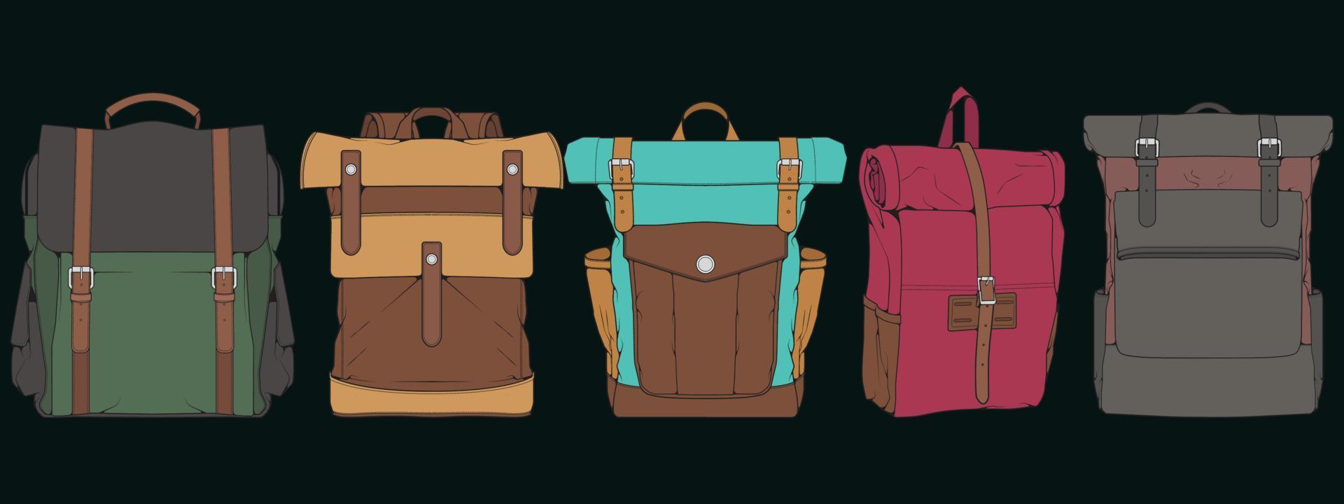 Set of Vector Colorful Backpacks. Backpacks for schoolchildren, students, travellers and tourists. Back to School rucksack flat vector illustrations isolated on white.