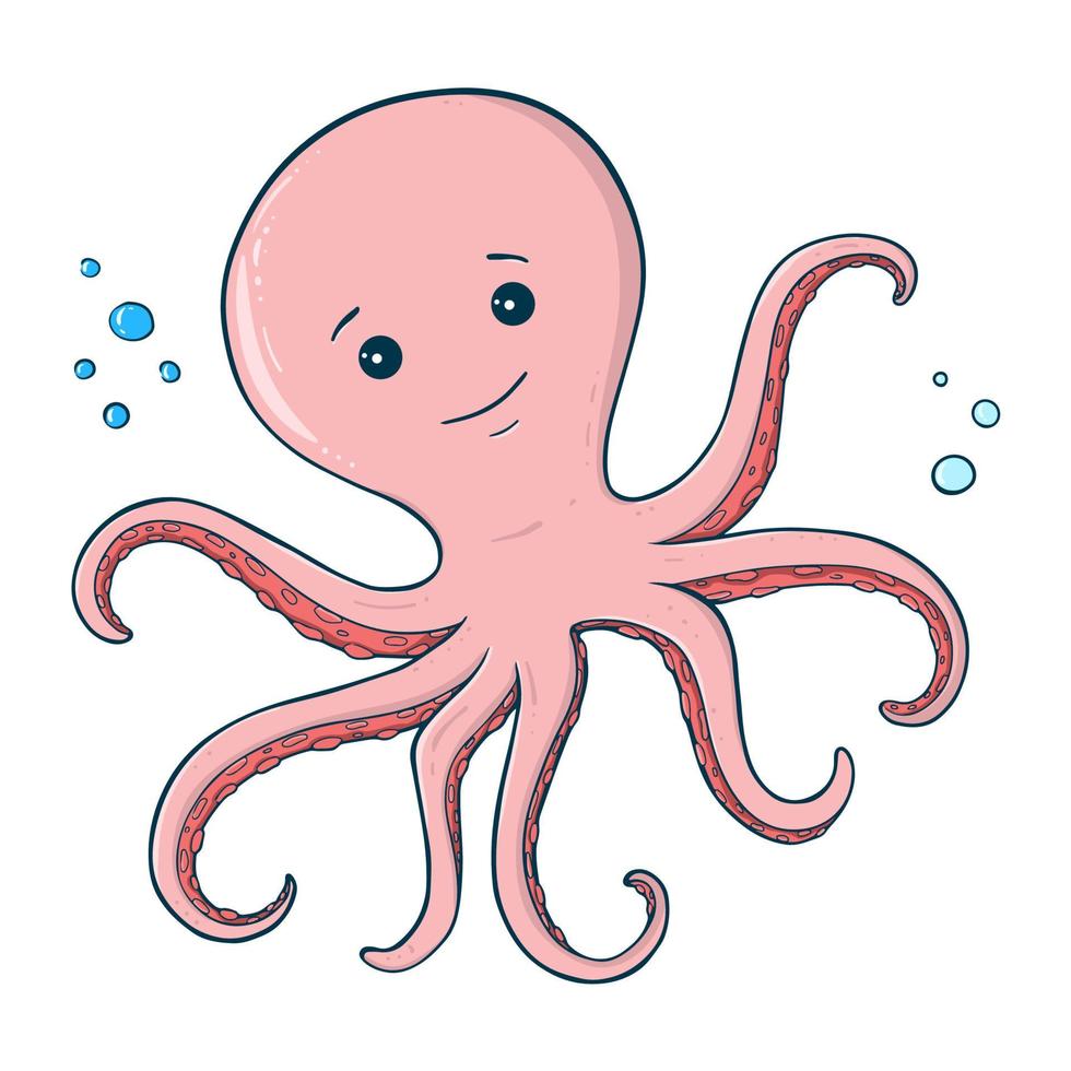 Cute octopus. Vector illustration of a series of marine drawings. A picture for children educational books, for a print on a T-shirt or your design.