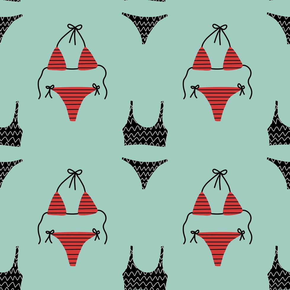 Seamless background with black and red bikinis. Seamless background with seamless pattern. Hand drawn vector. Summer decoration vector. Wrapping paper pattern. vector