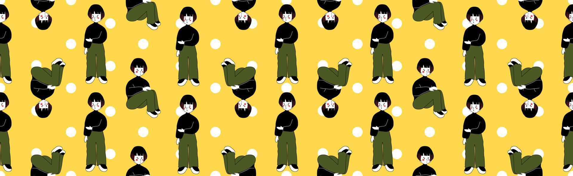 Seamless background with cartoon characters. White polka dots on a yellow background. Seamless pattern. Seamless website banners. Wrapping paper pattern. Patterns for decoration. vector