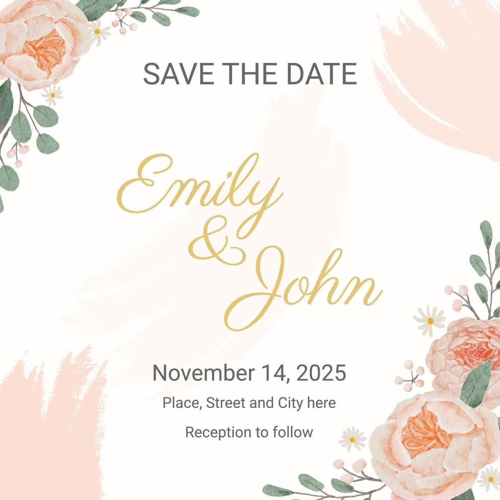 watercolor english orange peach rose wedding invitation square card background template vector