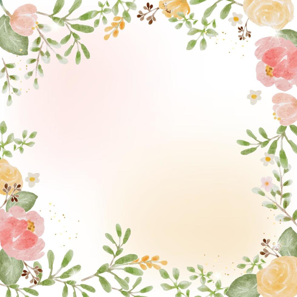 ramo de rosas de colores acuarela suelta y flores silvestres con plantilla de tarjeta de invitación de boda de marco cuadrado de lujo dorado vector