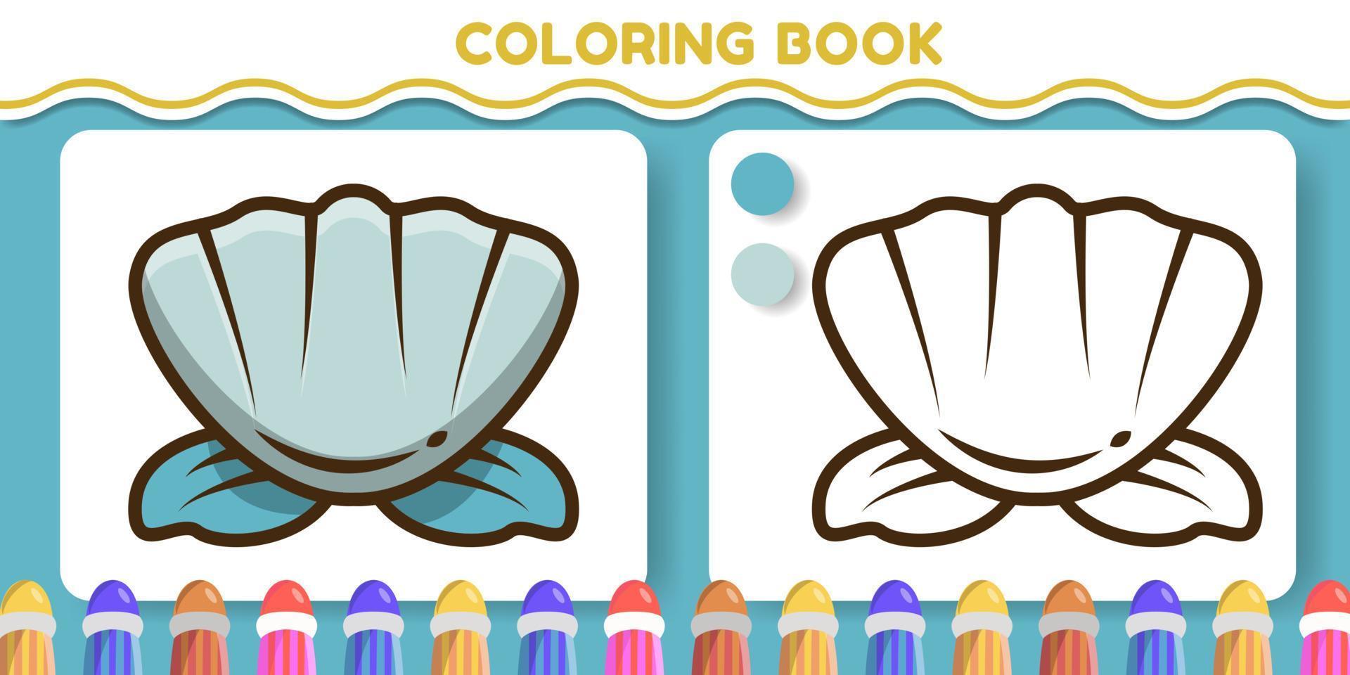 libro de colorear de doodle de dibujos animados dibujados a mano de concha de colores y blanco y negro para niños vector