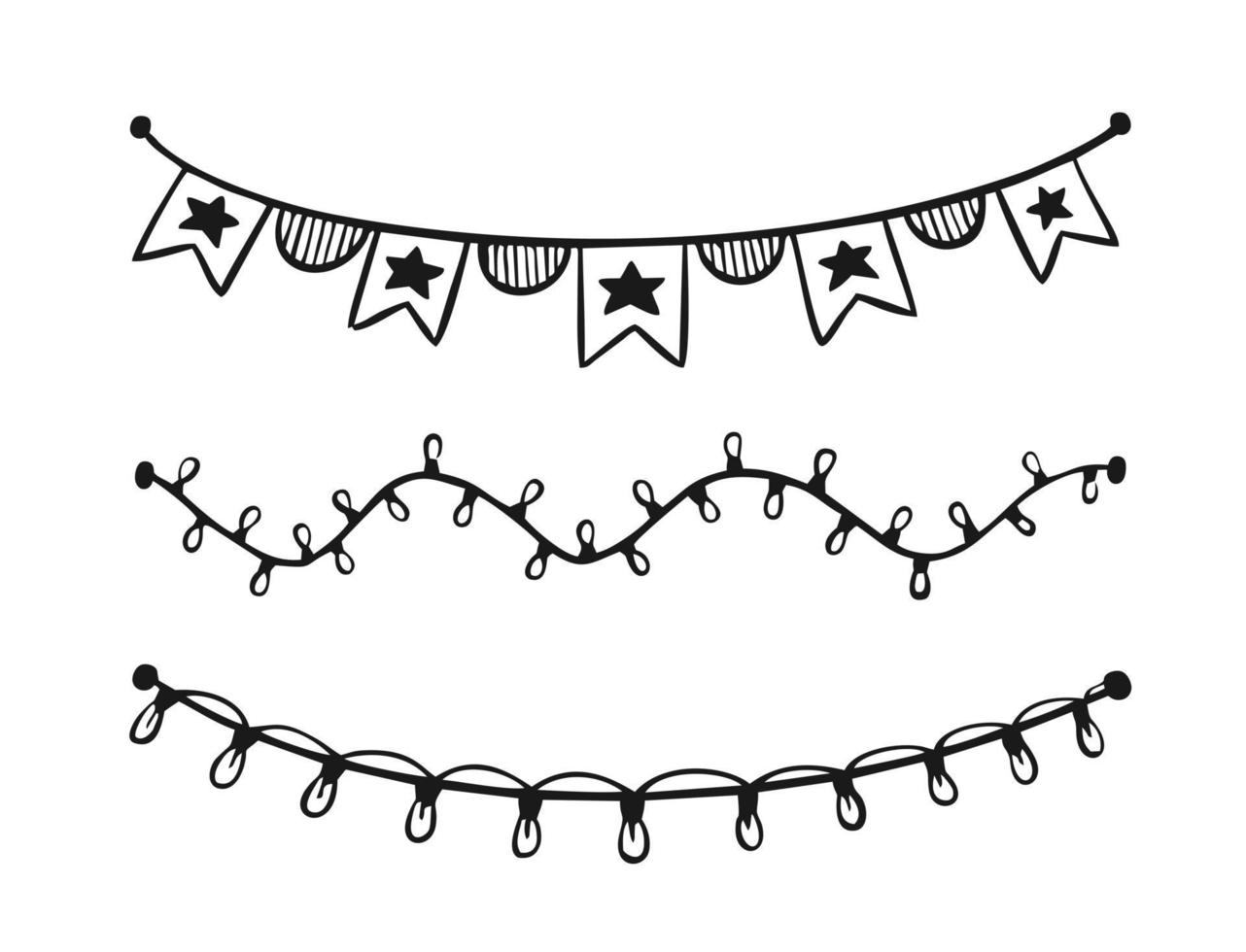 guirnalda festiva pintada en estilo garabato aislada en la ilustración de vector de fondo blanco para el festival de cumpleaños decoración de vacaciones de carnaval.