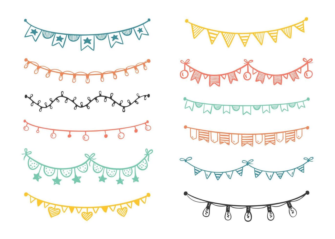 Festive garland painted in doodle style multicolored isolated on a white background Vector illustration for birthday festival carnival holiday decorations.