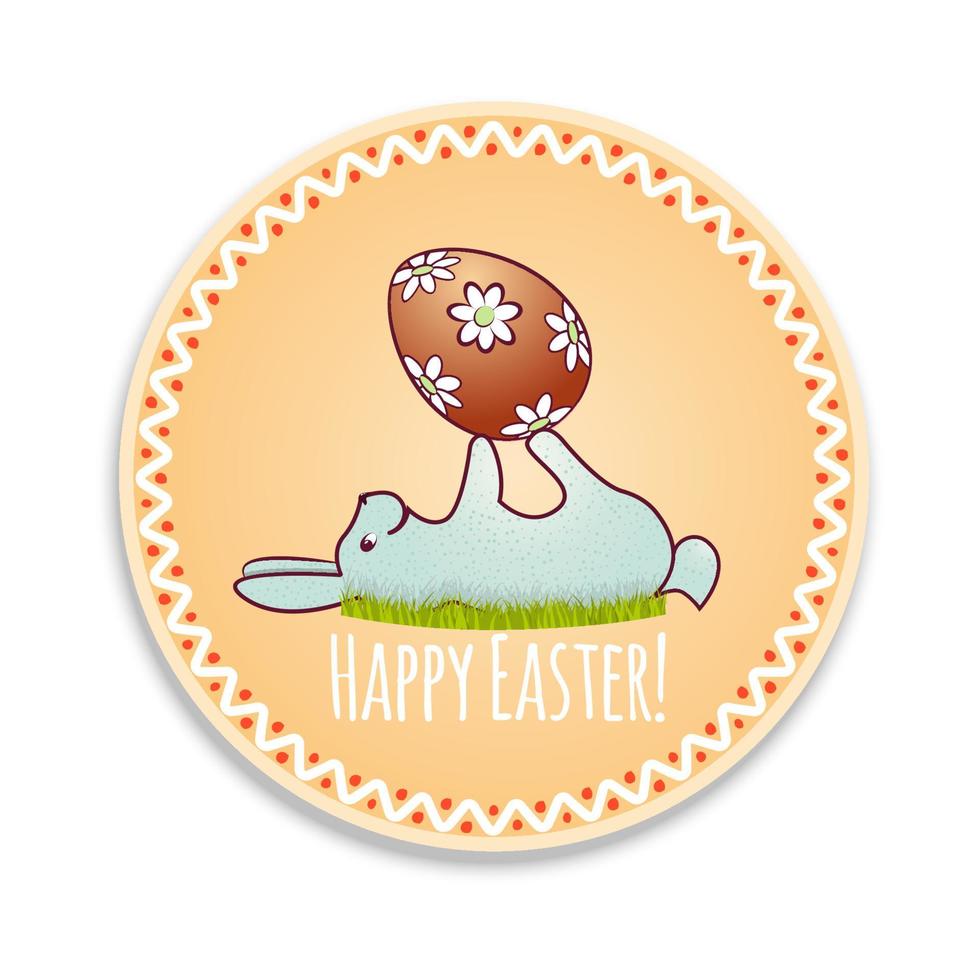 A cute Easter bunny is lying on the green grass and holding a decorated egg on a round banner card. Yellow color. Isolated on white background. Easter, vector illustration.