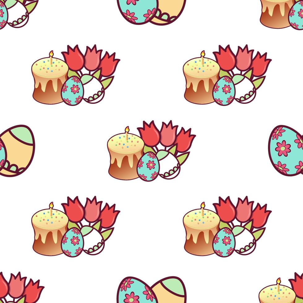 Seamless pattern - Easter cake, eggs with an ornament and a bouquet of tulips. A festive picture on a white background. Print for printing on fabric. Vector illustration.