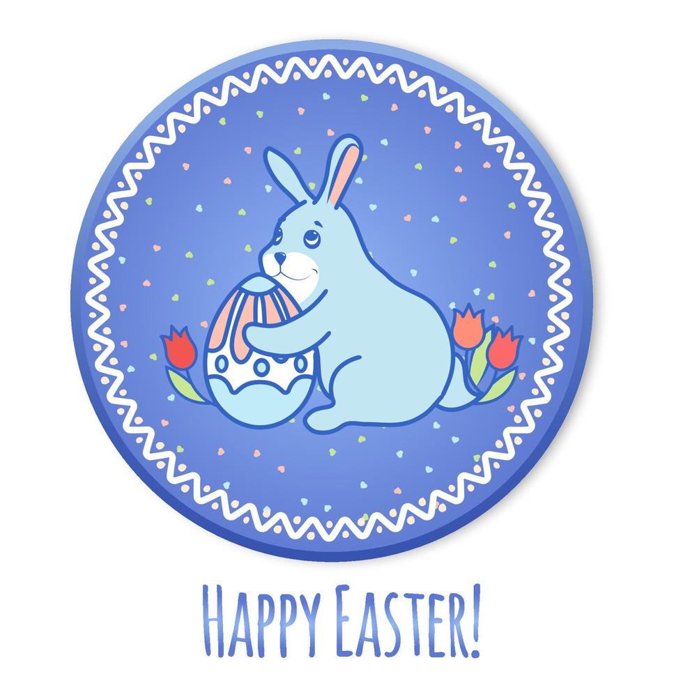 Cute Easter Bunny with a dyed egg and tulips on a round card with an ornament. Festive, greeting card. On a bright purple background. Postage card. Vector illustration.