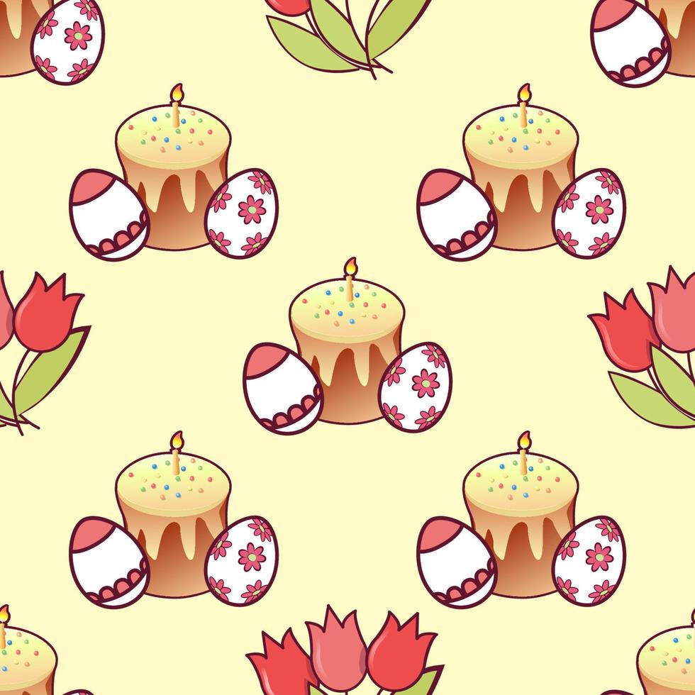 patrón impecable: pastel de pascua, huevos con adorno y un ramo de tulipanes. imagen festiva sobre fondo amarillo. imprimir para imprimir en tela. ilustración vectorial vector