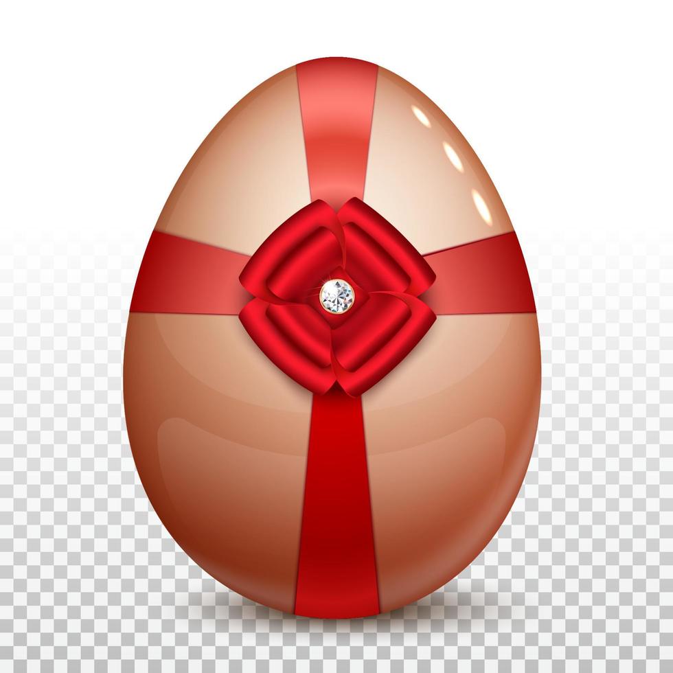 Easter egg with a red satin bow and a brilliant stone. Isolated on a transparent background. 3D vector illustration.