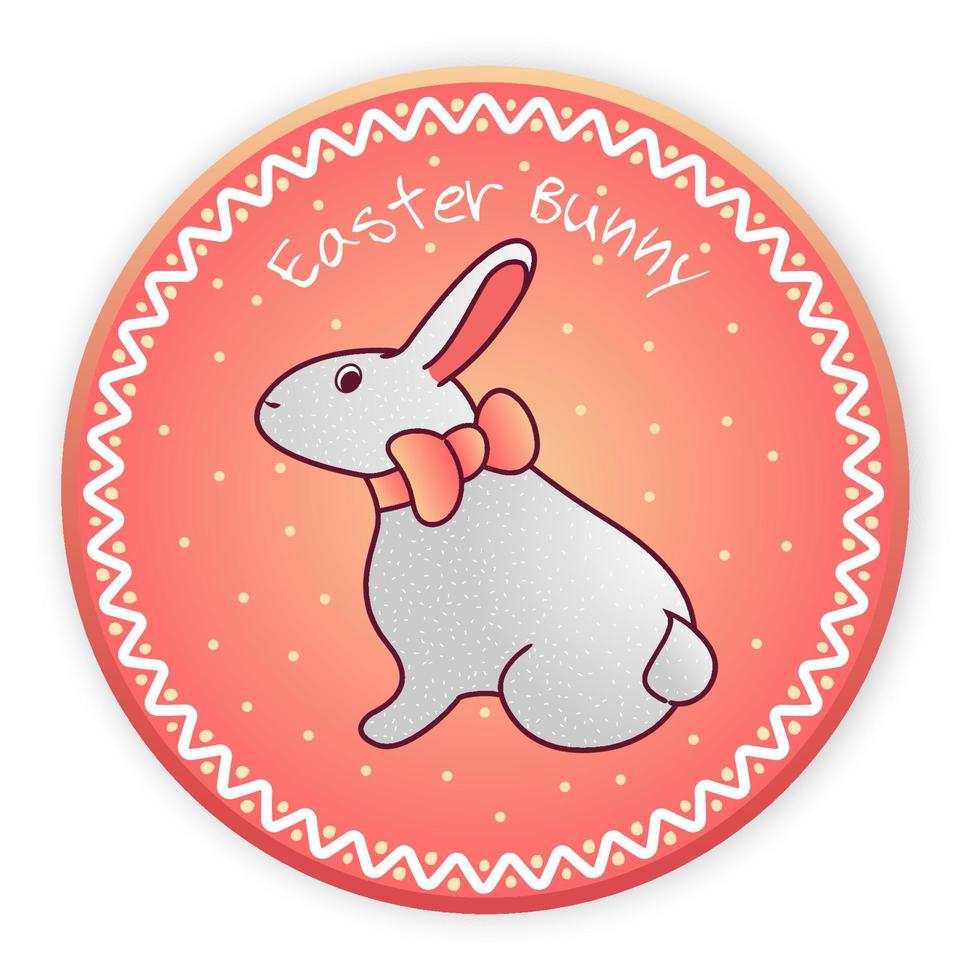 Cute Easter Bunny with a pink bow on a round card with an ornament. On a bright pink background. Postage card. Vector illustration.