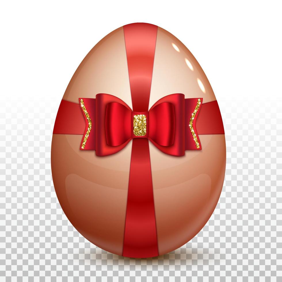 Easter egg with a red satin bow decorated with bright golden sparkles. Isolated on a transparent background. 3D vector illustration.