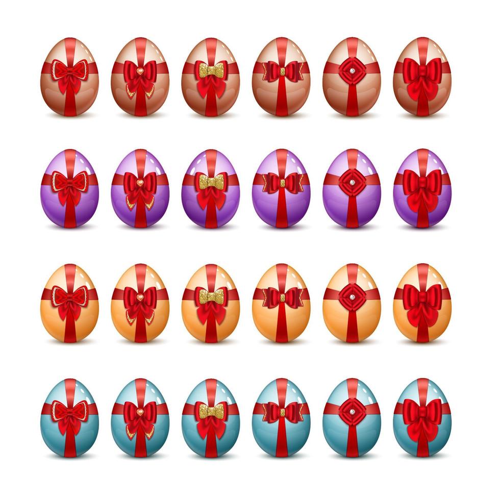 felices pascuas: un conjunto de huevos de pascua pintados con lazos y cintas rojas, encajes y piedras preciosas. vector