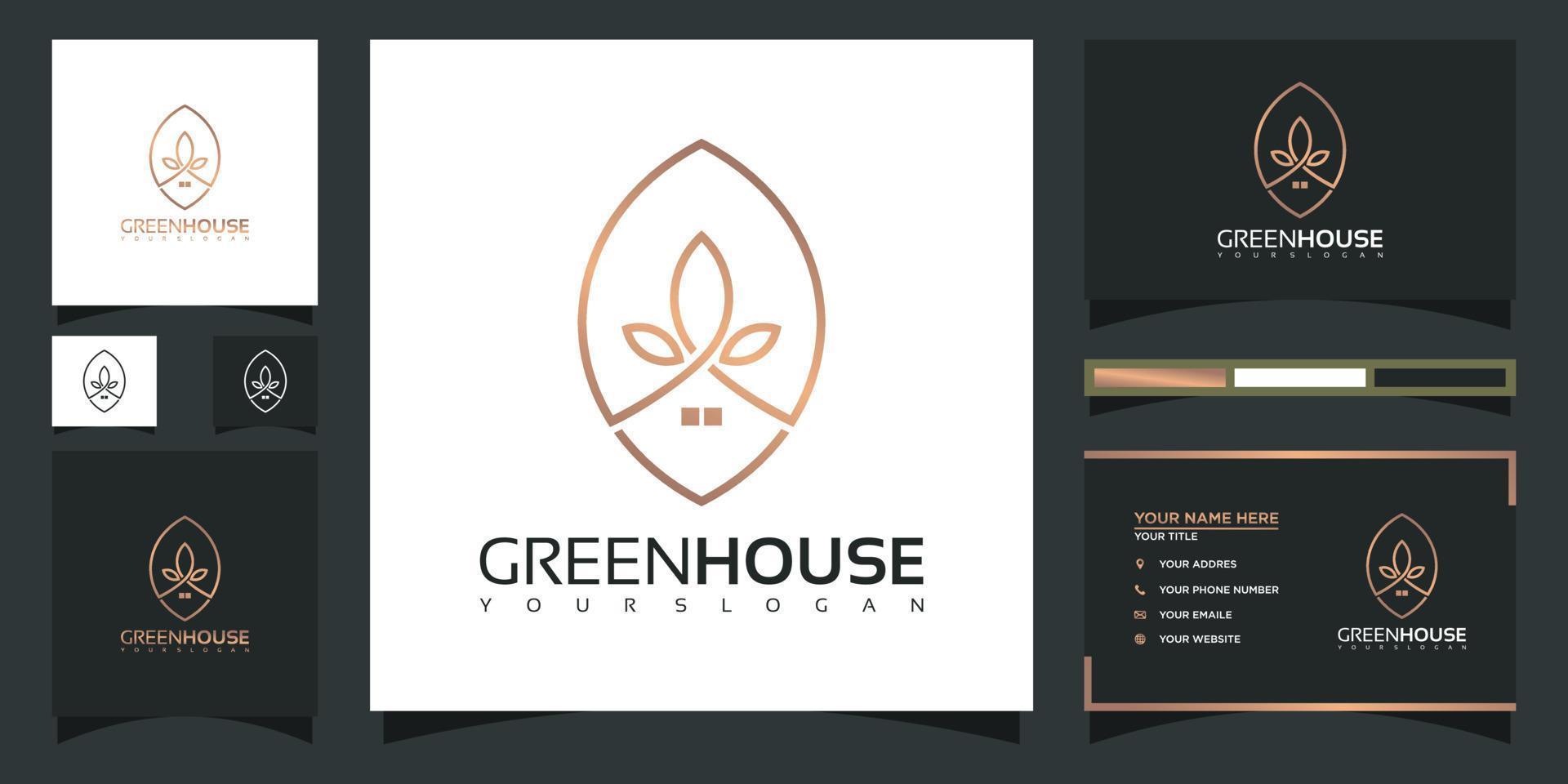 Green house logo with leaf concept and business card design vector