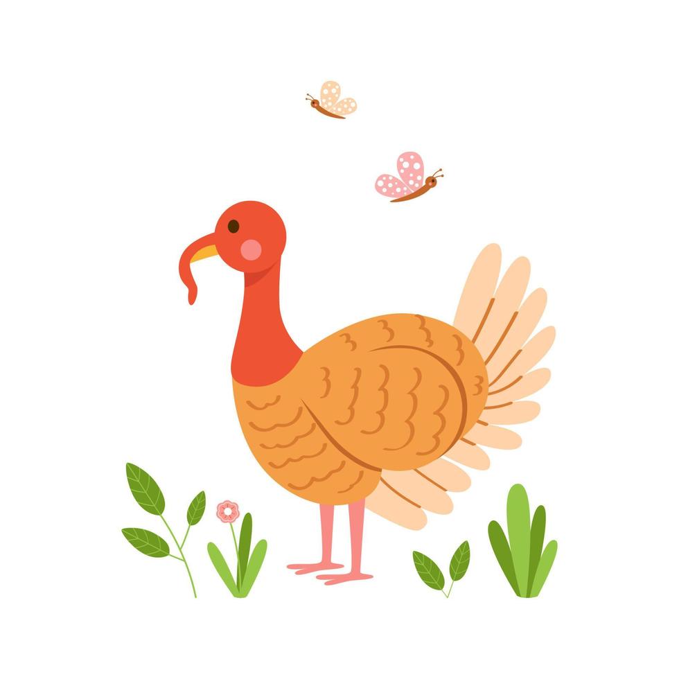 Cute cartoon vector illustration of a turkey on a green lawn
