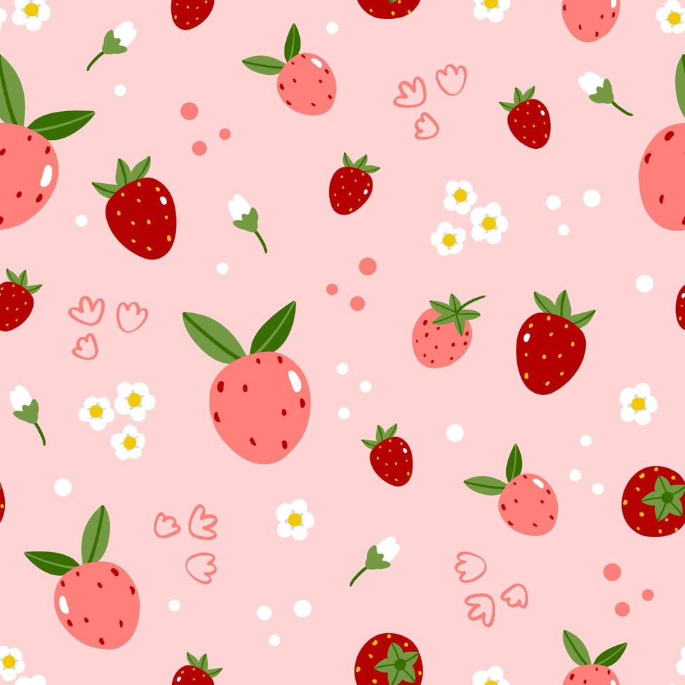 patrón sin costuras de verano con fresas y flores sobre fondo rosa vector