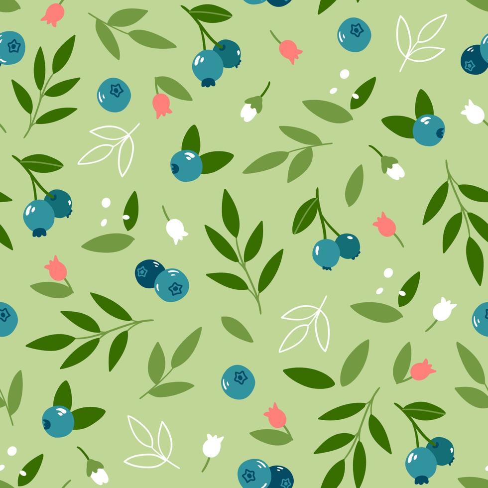 Romatic blueberry seamless pattern on green background vector