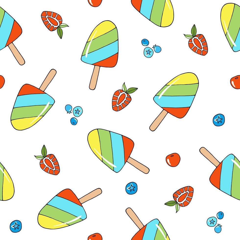 Seamless summer vector pattern with cute hand drawn ice cream, strawberry, blueberry and cherry