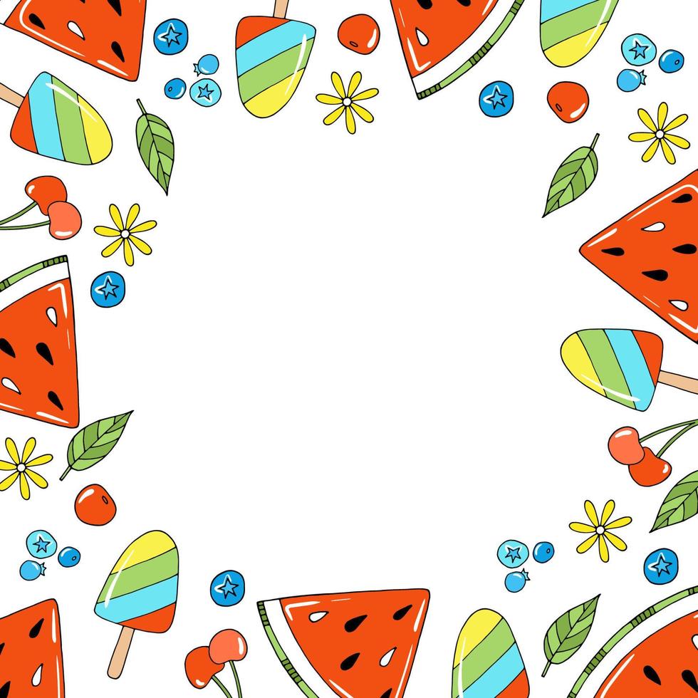 lindo marco vectorial con frutas de verano de temporada, bayas y helados. elementos dibujados a mano en estilo garabato vector