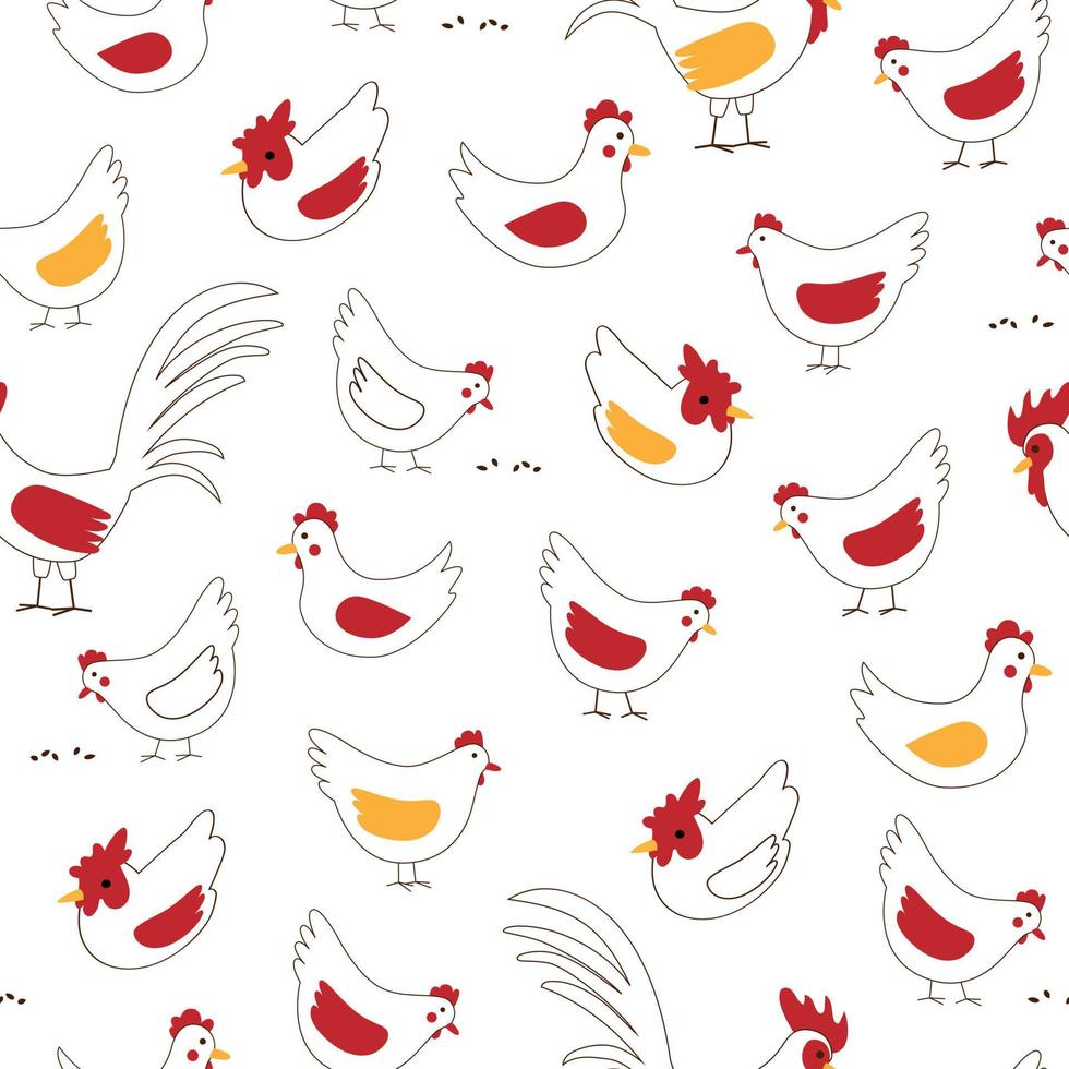 Cute seamless vector pattern with chickens and rooster for kids textile