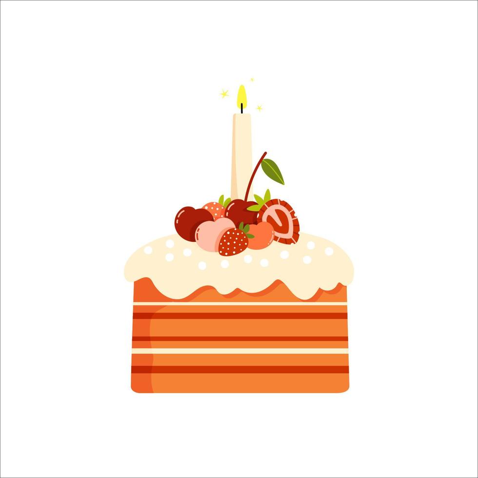 Festive cream cake with berries and candle. Cute vector illustration