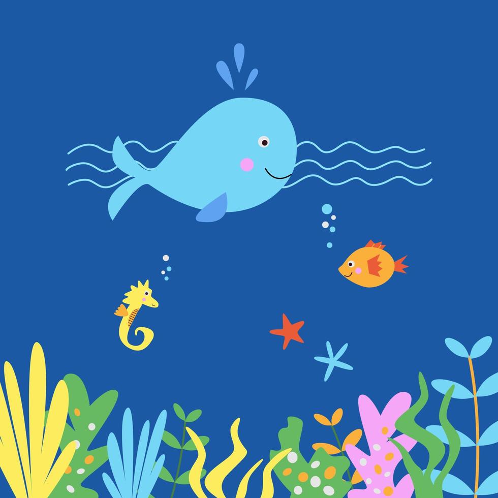 Cute vector illustration with swimming whale on navy blue background