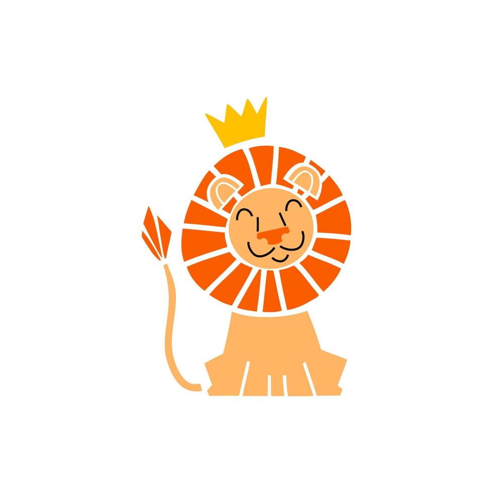 Cute lion in a golden crown. Hand drawn flat design style. Vector kids illustration.