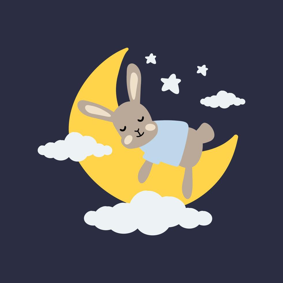 Cute bunny rabbit sleeping on the moon with clouds and stars. Vector illustration.