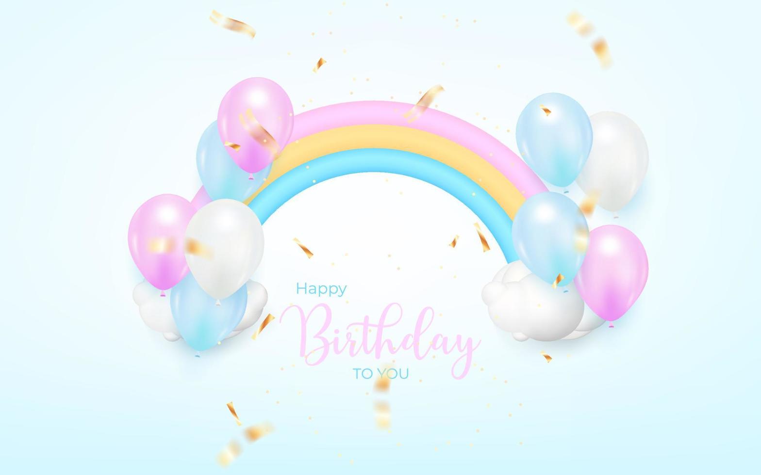 diseño de fondo de feliz cumpleaños para tarjeta de felicitación. banner de cumpleaños con globo realista, arco iris, confeti. vector