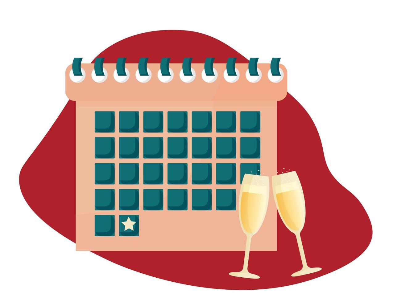 Calendar with an important date of celebration, new year, birthday, event. Vector simple cute illustration. Festive set of sparkling wine glasses on a burgundy background.