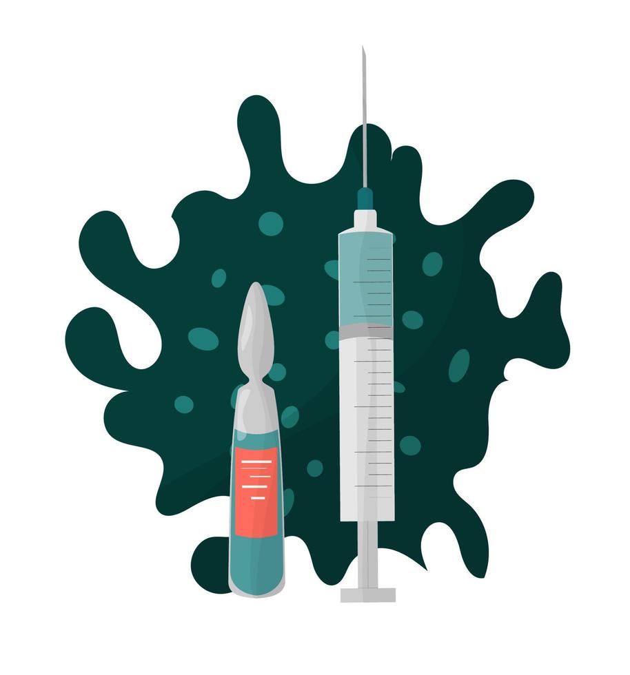 Vector items for vaccination against covid-19, coronavirus vaccines, vaccine development. Syringe, injection, medicines, vitamins, protective shield with a cross. Use advertising, banner, poster.