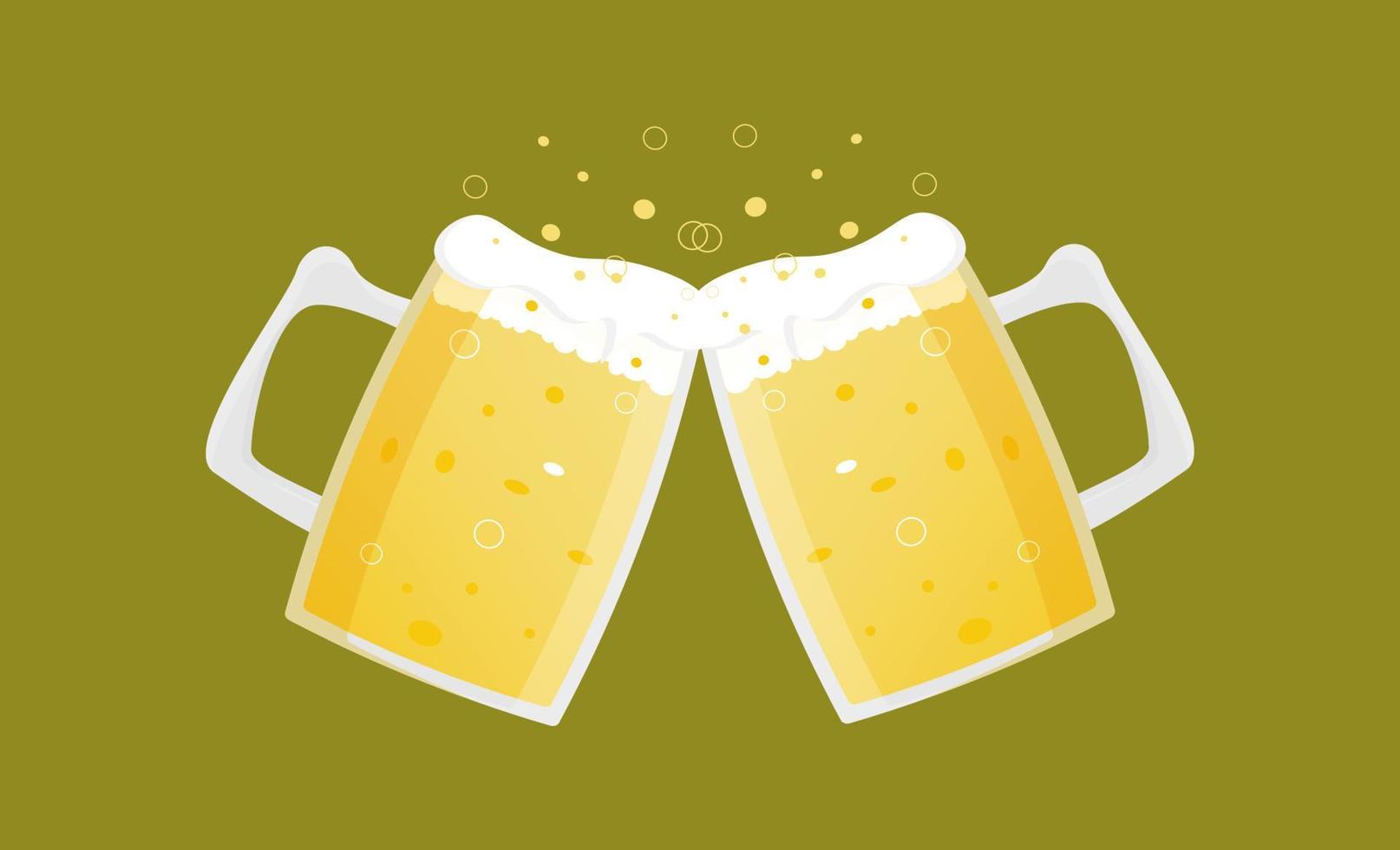 Glass beer mugs with light wheat beer. Foam and bubbles pour over the edge. Vector simple cartoon illustration for the design of Oktoberfest, bar, pub, restaurant, festival, icons, design, stickers.
