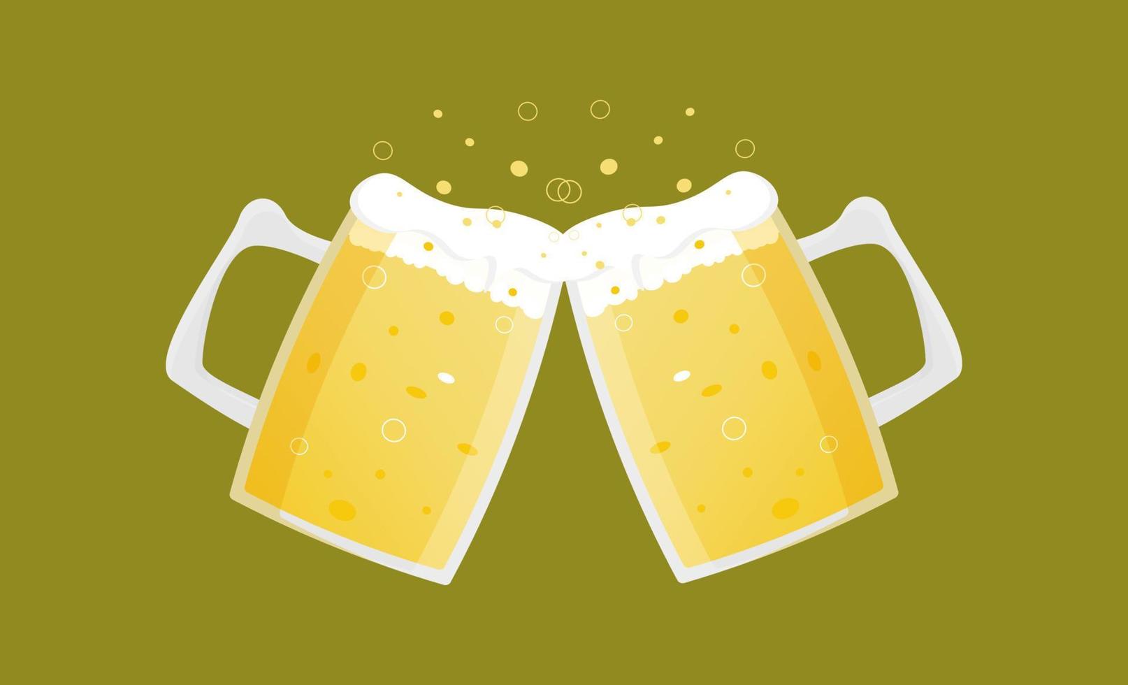 Glass beer mugs with light wheat beer. Foam and bubbles pour over the edge. Vector simple cartoon illustration for the design of Oktoberfest, bar, pub, restaurant, festival, icons, design, stickers.