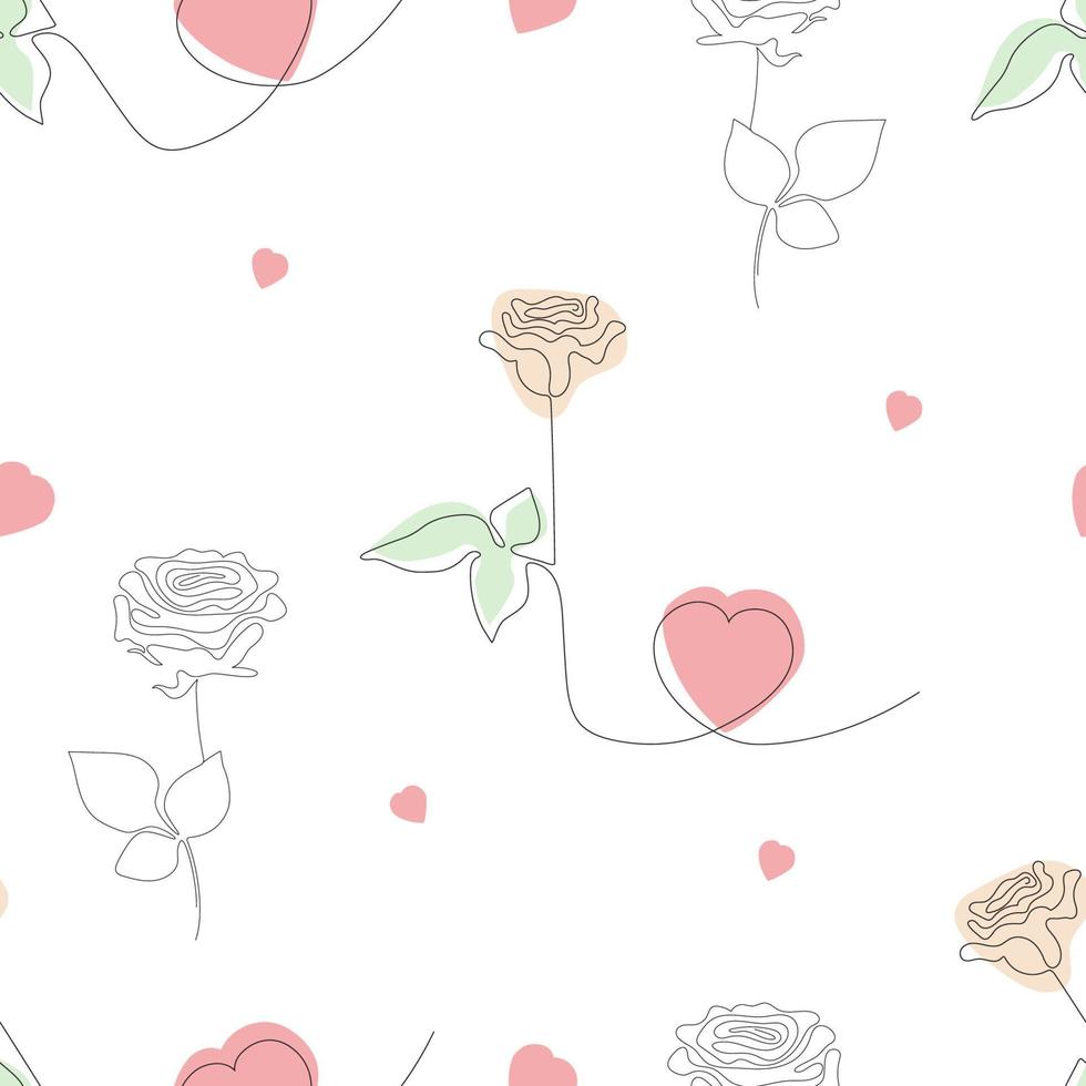 Floral seamless pattern. Beautiful rose with one line heart on white background. Vector illustration. Botanical pattern line art for decor, design, print, packaging, wallpaper and textile