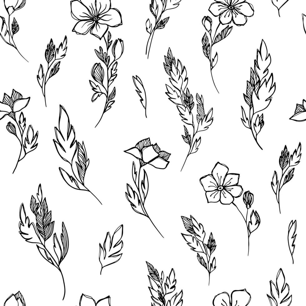 Linear floral black and white seamless pattern in doodle style. Vector illustration. 6944873