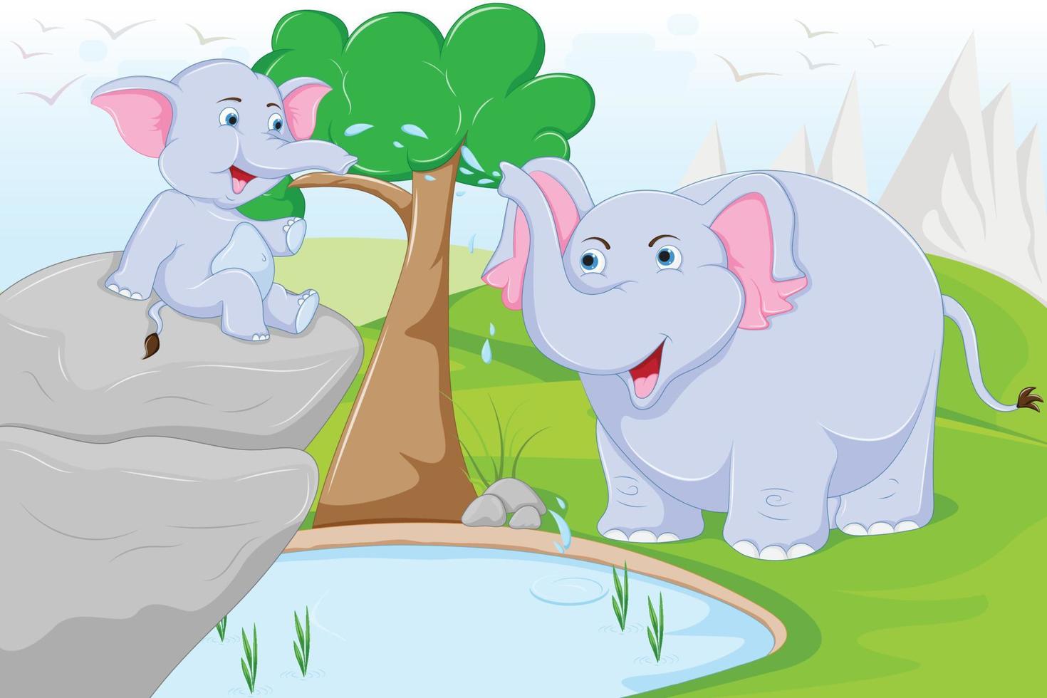 Cheerful Elephant spraying water over baby Elephant with outline vector