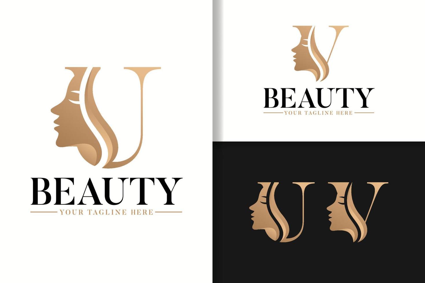 logotipo de monograma femenino con silueta de mujer letra u y v vector