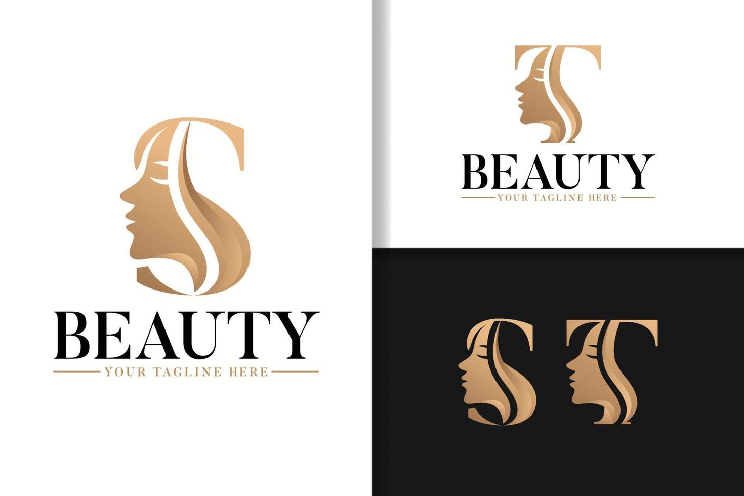 Feminine monogram logo with woman silhouette letter s and t vector