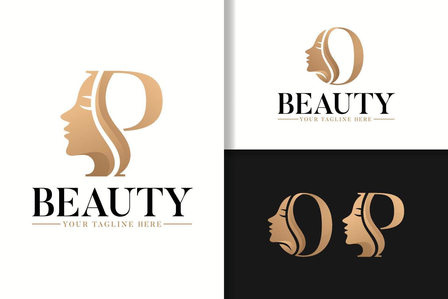 Feminine monogram logo with woman silhouette letter o and p vector