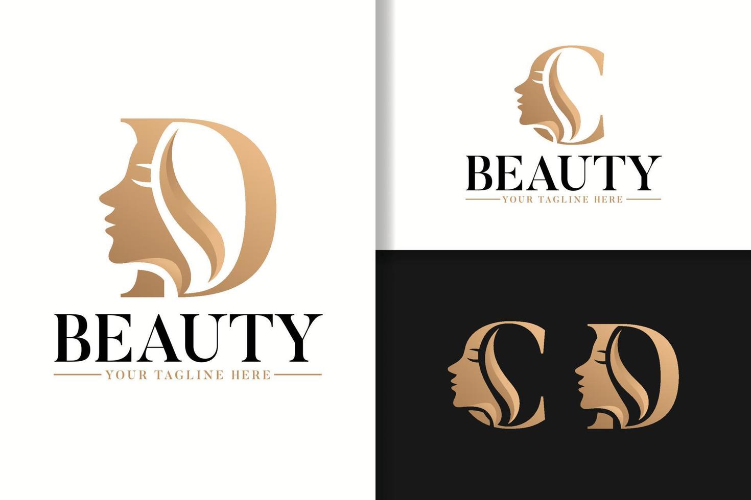 Feminine monogram logo with woman silhouette letter c and d vector
