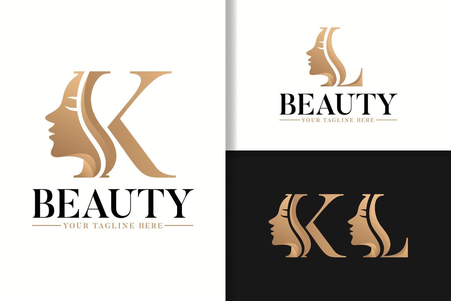 Feminine monogram logo with woman silhouette letter k and l vector