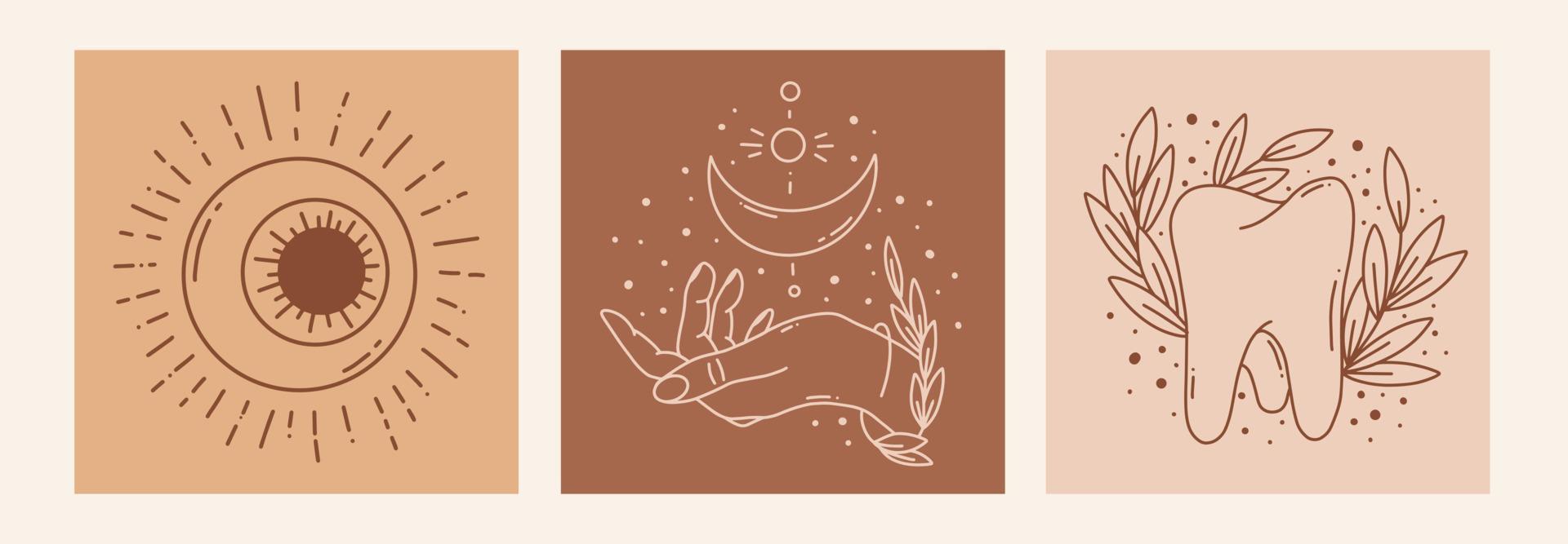 Boho mystic doodle esoteric set. Magic line art poster with moon, hand, flower, tooth, eye. Bohemian modern vector illustration