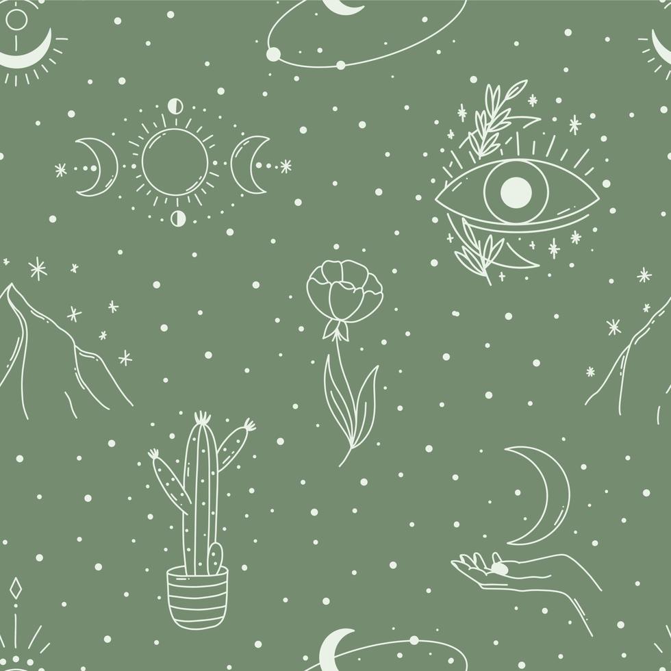 Contemporary Magical seamless pattern. Mystic vector mushrooms, moon, leaf, key, crystal ball, scull. Pastel boho background in minimalist mid century style vector Illustration wall