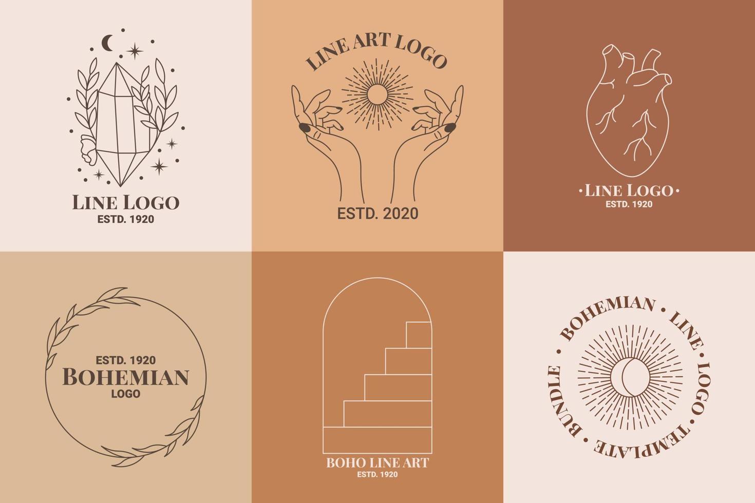 Boho mystic doodle esoteric logo set. Magic line art icon with diamond, hand, heart, wreath, stairs, sun vector