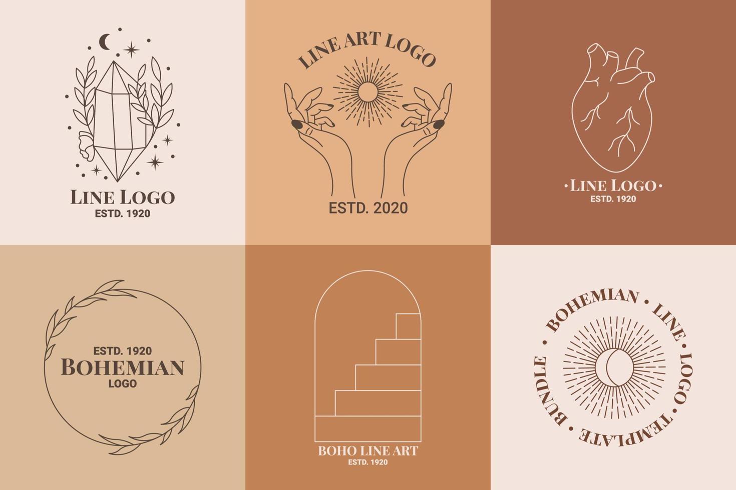 conjunto de logotipos esotéricos boho mystic doodle. icono de arte de línea mágica con diamante, mano, corazón, corona, escaleras, sol vector