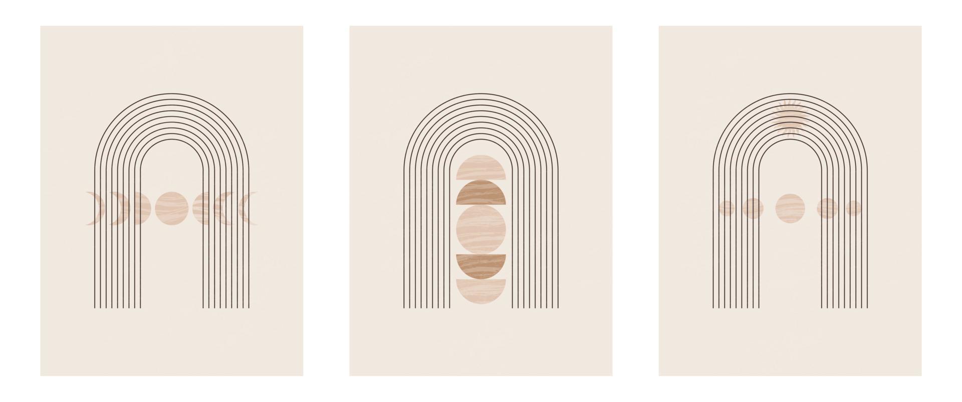 Set of Mid century modern minimalist art print with organic natural shape. Abstract contemporary aesthetic background with geometric Minimal black line on beige. Boho wall decor. vector