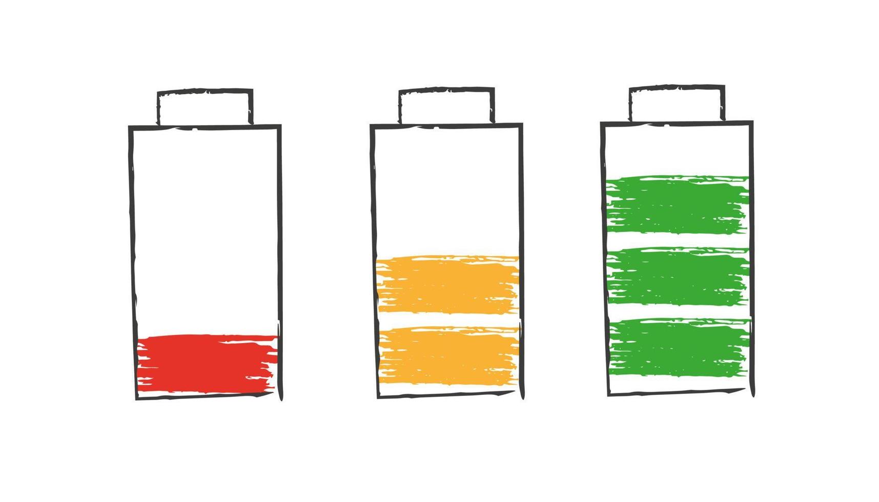 Fully charged and discharged battery. Doodle vector illustration. Full and low power concept