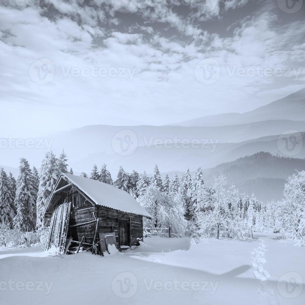 hermosa casa de madera en invierno foto