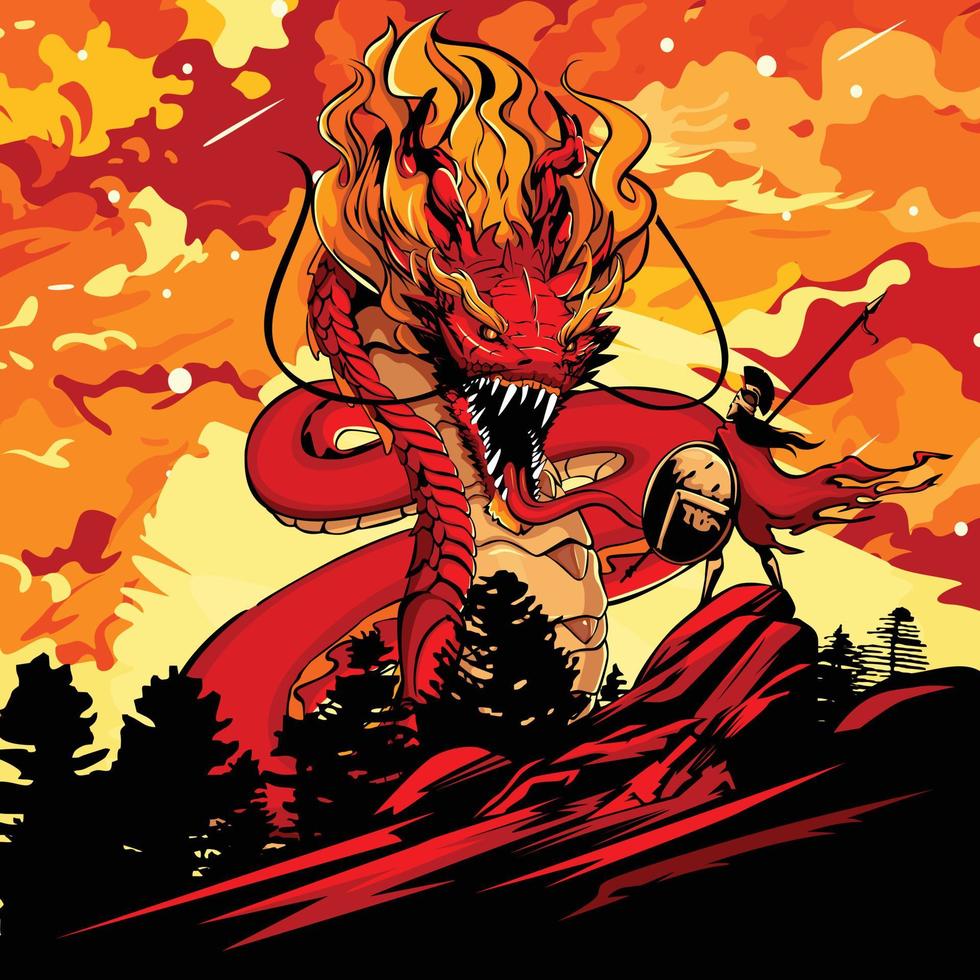 ilustración vectorial del guerrero espartano cara a cara con el dragón rojo vector